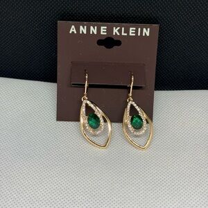 Anne Klein Gold Teardrop Earrings with Emerald Green Stone